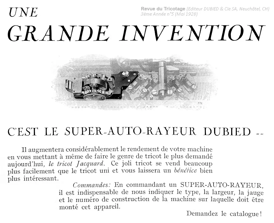 Super-Auto-Rayeur DUBIED 1928 : Mécanisme de Sélection Automatique des Aiguilles par Roue Dentée